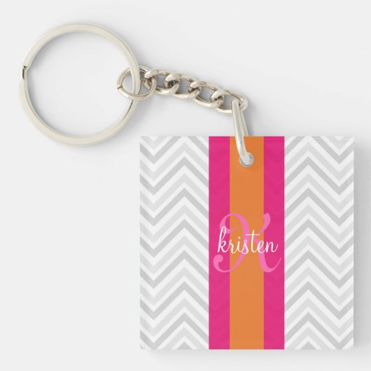 Modern Elegant Gray Pink Chevron Aangepast Sleutelhanger (voorkant)