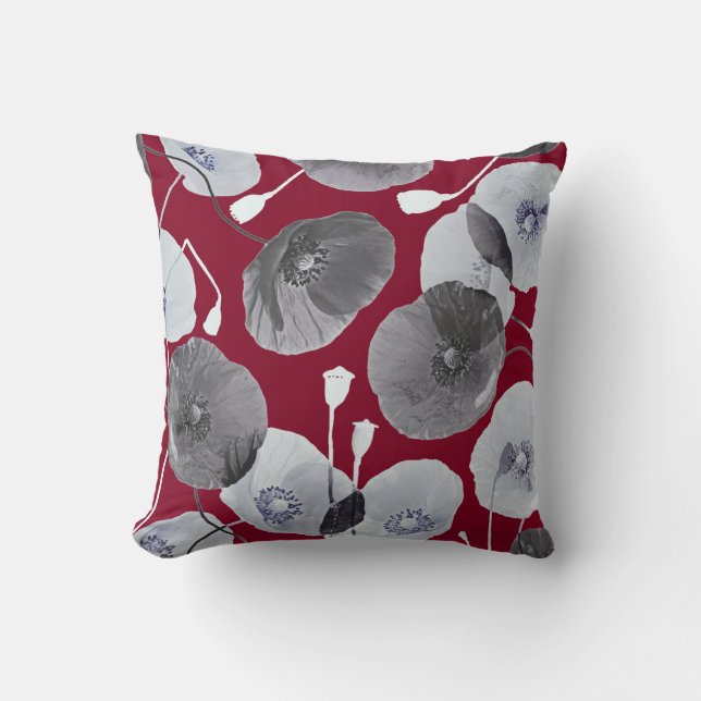 Modern Elegant Gray Poppy Flowers Burgundy Kussen (Voorkant)