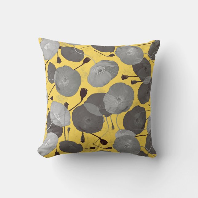 Modern Elegant Gray Poppy Flowers Mustard Yellow Kussen (Voorkant)