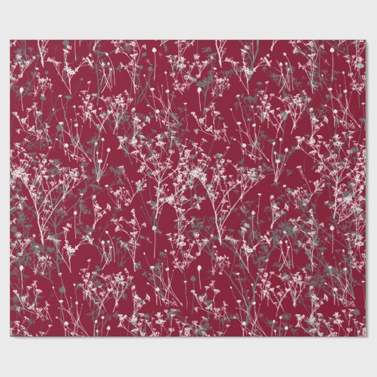 Modern Elegant Gray Wildbloemen op Bourgogne Red Cadeaupapier (Vlak)