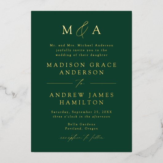Modern Elegant Green and Gold Monogram Wedding Folie Uitnodiging (Voorkant)