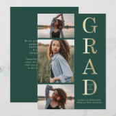Modern Elegant Green Gold 3 Foto Afstuderen Aankondiging (Voorkant / Achterkant)