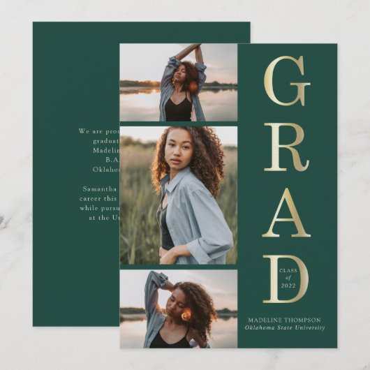 Modern Elegant Green Gold 3 Foto Afstuderen Aankondiging (Voorkant / Achterkant)