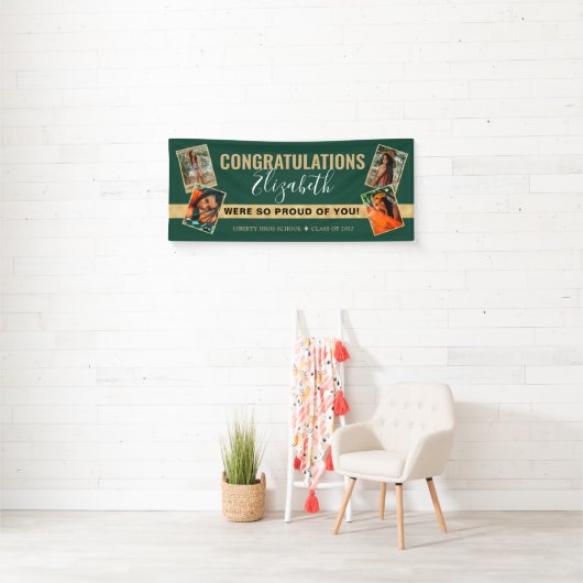 Modern Elegant Green Gold Photo Collage Afstuderen Spandoek (Insitu)
