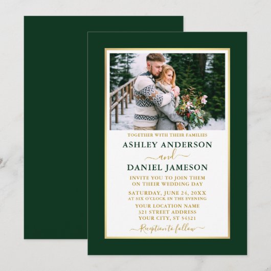 Modern Elegant Green Gold Wedding Invitation Kaart (Voorkant / Achterkant)