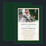 Modern Elegant Green Gold Wedding Invitation Kaart<br><div class="desc">Moderne minimalistische foto van het bos Groene en Witte bruiloft Uitnodiging. Goud Lijst. Gold Script.</div>