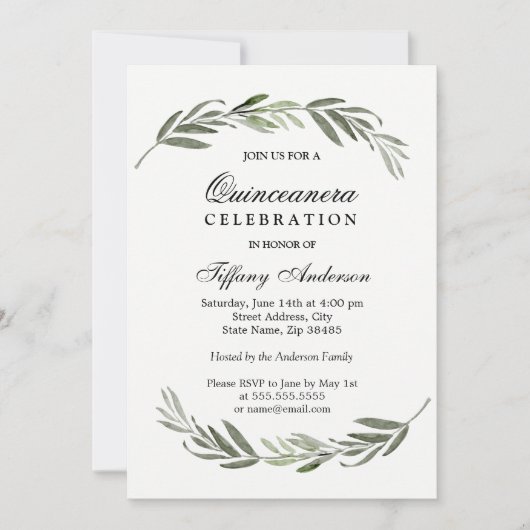 Modern Elegant Green Leaf Quinceanera Invite Kaart (Voorkant)