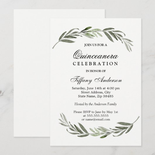 Modern Elegant Green Leaf Quinceanera Invite Kaart (Voorkant / Achterkant)