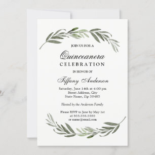 Modern Elegant Green Leaf Quinceanera Invite Kaart