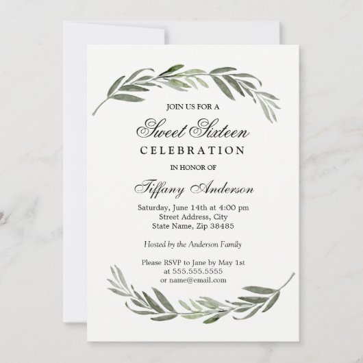 Modern Elegant Green Leaf Sweet 16 Invite Kaart (Voorkant)