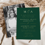 Modern Elegant Green Monogram Foto Weddenschap Folie Uitnodiging<br><div class="desc">Minimalistische, moderne huwelijksuitnodiging met je monogram initialen en trouwgegevens, weergegeven in gouden folie met calligrafische scriptaccenten. De groene achtergrond kan in een kleur van uw keus worden veranderd. De de trouwuitnodiging van de folie keert terug om uw verticale foto van het verloving te tonen. Ontworpen om te coördineren met ons...</div>