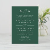 Modern Elegant Green Monogram Weddenschap Kaart (Staand voorkant)