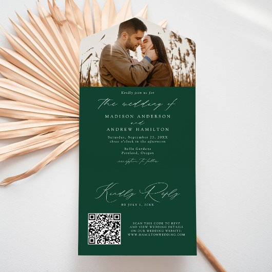 Modern Elegant Green Photo Wedding All In One Uitnodiging