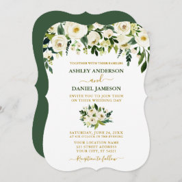 Modern Elegant Green White Floral Gold Wedding Kaart