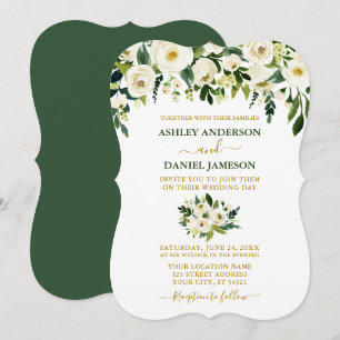 Modern Elegant Green White Floral Gold Wedding Kaart