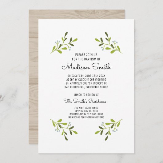 Modern Elegant Greenery Baptism Invitation Kaart (Voorkant / Achterkant)
