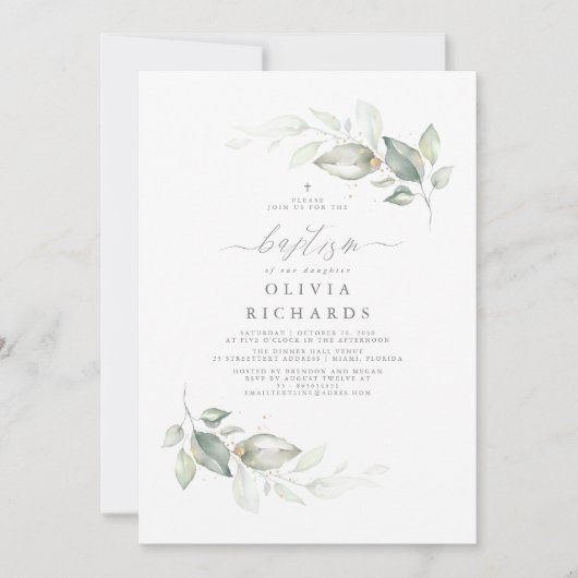 Modern Elegant Greenery Baptisme Kaart (Voorkant)