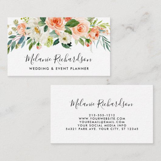 Modern Elegant Greenery Coral Floral Visitekaartje (Voorkant / Achterkant)