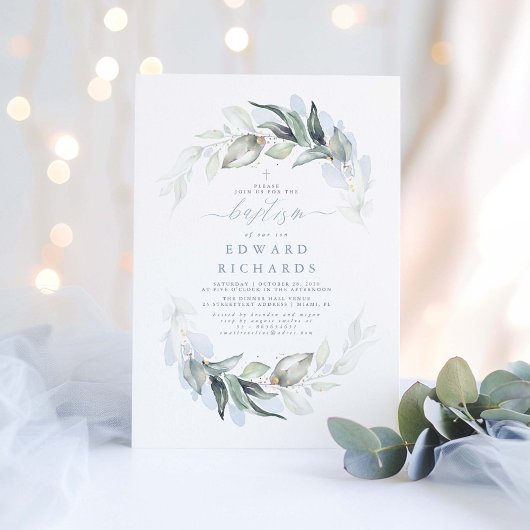 Modern Elegant Greenery Dusty Blue Baptisme Kaart