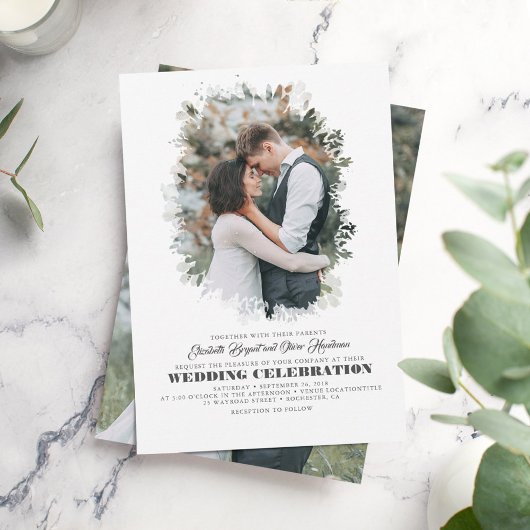Modern Elegant Greenery Photo Overlay Wedding Kaart