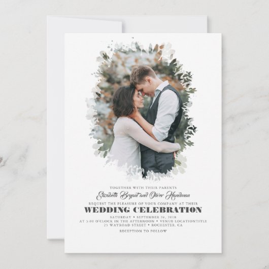 Modern Elegant Greenery Photo Overlay Wedding Kaart (Voorkant)