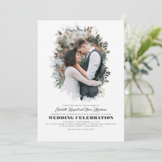 Modern Elegant Greenery Photo Overlay Wedding Kaart (Staand voorkant)