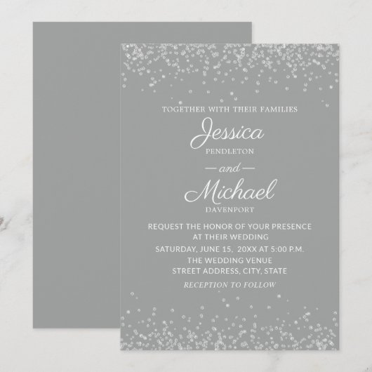 Modern Elegant Grey and Silver Glitter Wedding Kaart (Voorkant / Achterkant)