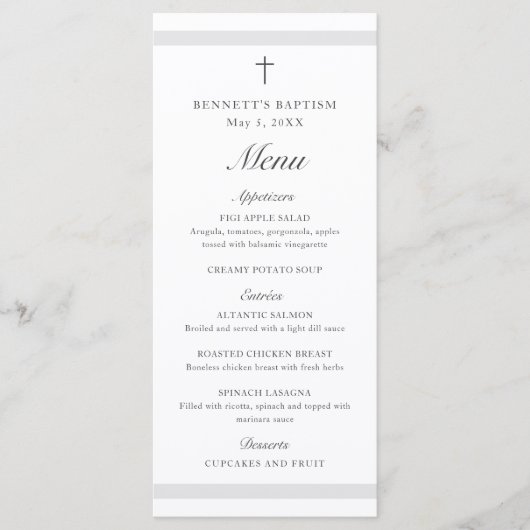 Modern Elegant Grey Baptism Menu (Voorkant)