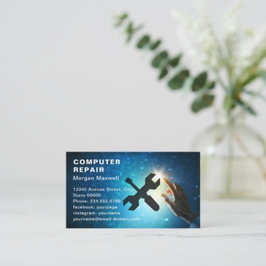 Modern Elegant Grey Blue Circuit Computer Repair Visitekaartje (Staand voorkant)