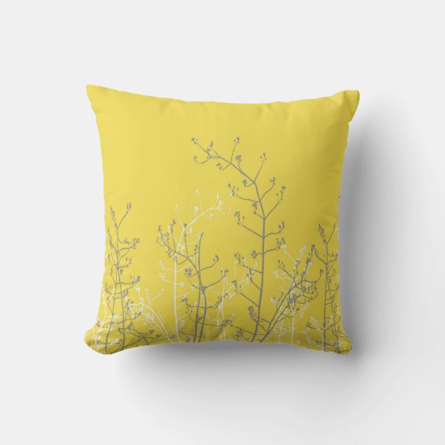 Modern Elegant Grey Flowers op Yellow Kussen (Voorkant)