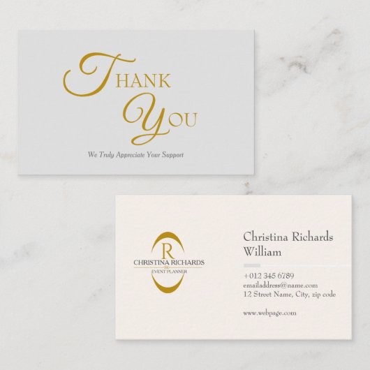 Modern Elegant Grijs en Goud Dank u Kaart Visitekaartje (Voorkant / Achterkant)