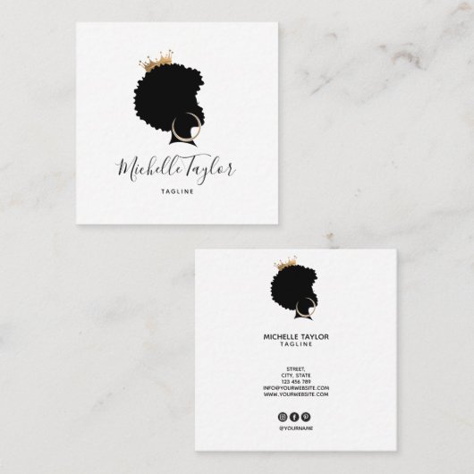 Modern Elegant Haarstylist Afro American Woman Vierkante Visitekaartje (Voorkant / Achterkant)