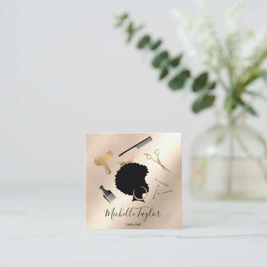 Modern Elegant Haarstylist Afro American Woman Vierkante Visitekaartje (Staand voorkant)