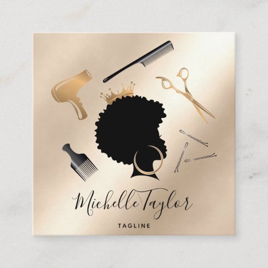 Modern Elegant Haarstylist Afro American Woman Vierkante Visitekaartje (Voorkant)