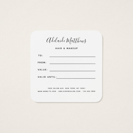 Modern Elegant Hair Stylist White Gift Certificate Vierkante Visitekaartjes (Achterkant)
