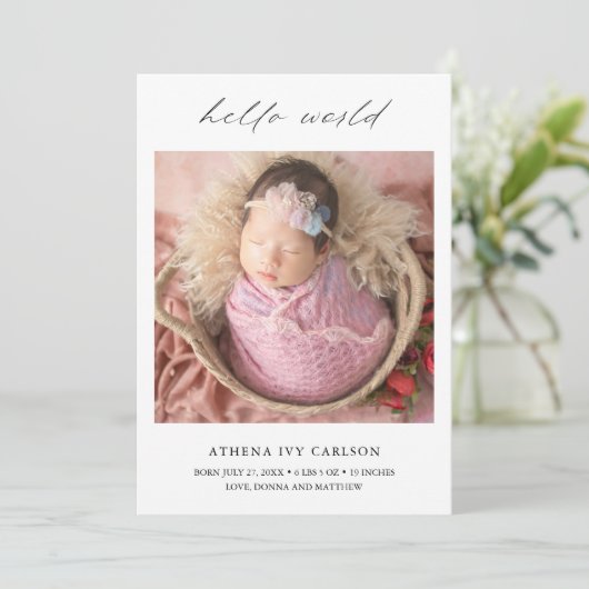 Modern Elegant Hallo World Photo Simple Birth Aankondiging (Staand voorkant)