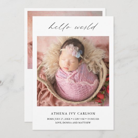 Modern Elegant Hallo World Photo Simple Birth Aankondiging (Voorkant / Achterkant)