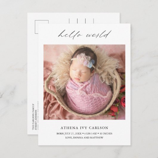 Modern Elegant Hallo World Photo Simple Birth Aankondigingskaart (Voorkant / Achterkant)