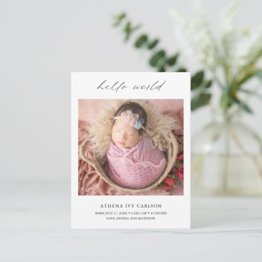 Modern Elegant Hallo World Photo Simple Birth Aankondigingskaart (Staand voorkant)