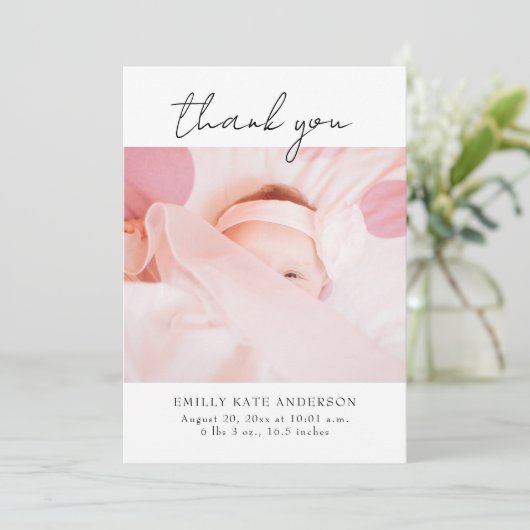 Modern Elegant Handgeschreven 2 Foto's Baby shower Bedankkaart (Staand voorkant)