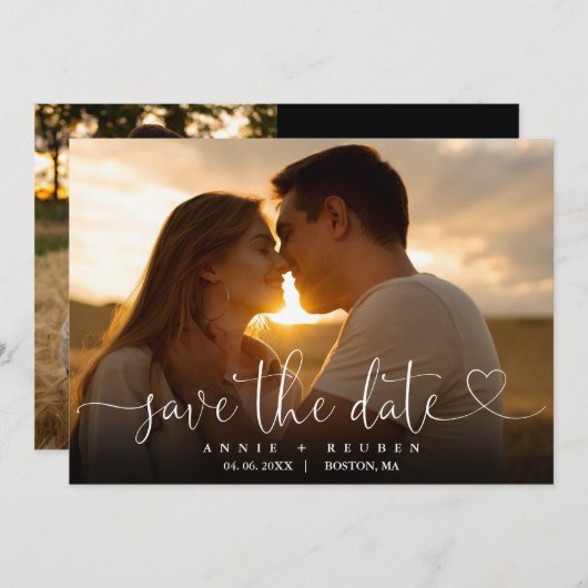 Modern Elegant Hart Script Foto Bruiloft Save The Date (Voorkant / Achterkant)