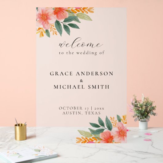 Modern Elegant Helder Bloemen Bruiloft Welkom Acryl Bord (Huwelijk)