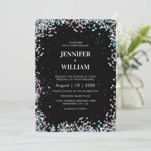Modern elegant holographic Glitter Black Wedding Kaart (Staand voorkant)