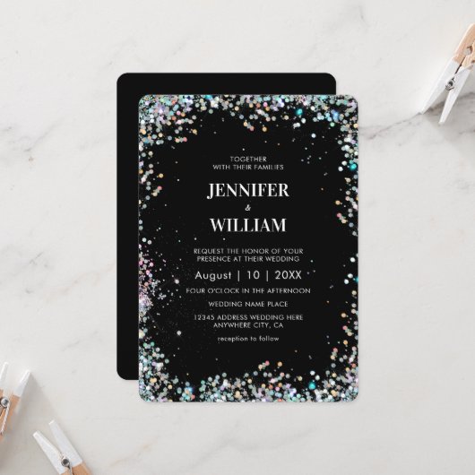 Modern elegant holographic Glitter Black Wedding Kaart (Voorkant / Achterkant in situ)
