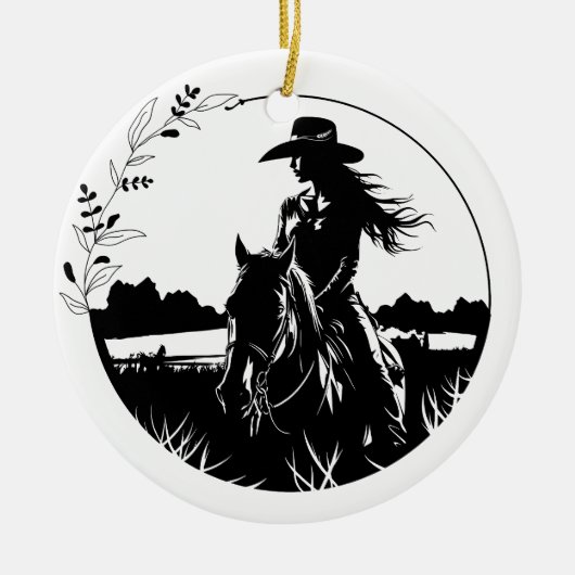 Modern Elegant Horse Cowgirl Western Paardensport Keramisch Ornament (Voorkant)