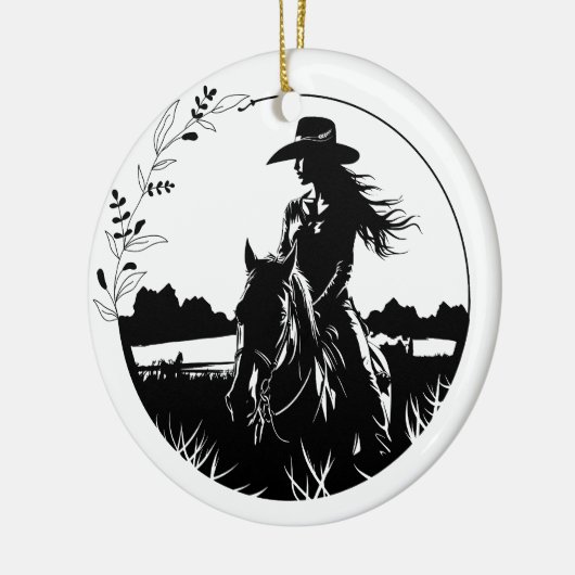 Modern Elegant Horse Cowgirl Western Paardensport Keramisch Ornament (Links)