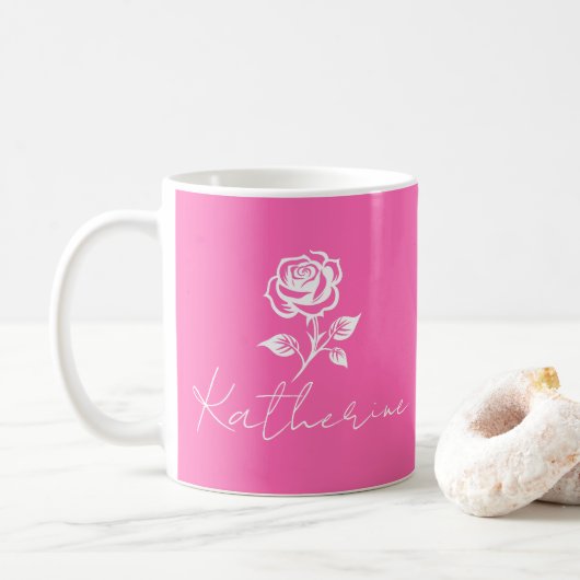 Modern Elegant Hot Pink en Roos Custom Name Koffiemok (Met donut)