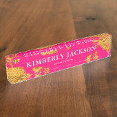 Modern Elegant Hot Pink Gold Desk Name Bord Naambordje (Zijkant)