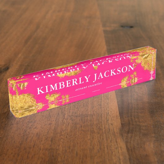 Modern Elegant Hot Pink Gold Desk Name Bord Naambordje (Zijkant)
