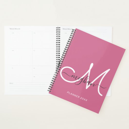 Modern Elegant Hot Pink White Script Monogram 2022 Planner (Display)
